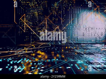 Creative digital background for technology and science fiction concept. Futuristic surface with neon lights.Futuristic data matrix, telemetry. Stock Photo