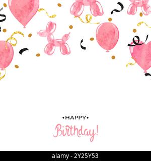 Happy Birthday card with pink watercolor heart and dog balloons. Vector party illustration Stock Vector