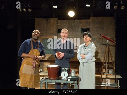 l-r: Jason Barnett (Federzoni), Billy Howle (Andrea), Alex Murdoch (Little Monk) in LIFE OF GALILEO by Brecht at the Young Vic,, London SE1  16/05/2017  design: Lizzie Clachan lighting: Jon Clark director: Joe Wright Stock Photo