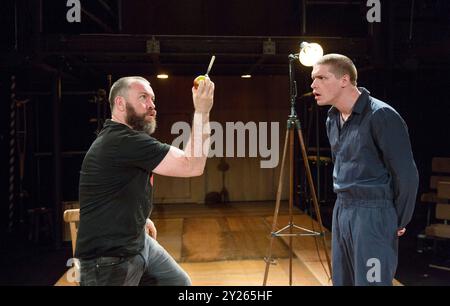 l-r: Brendan Cowell (Galileo), Billy Howle (Andrea) in LIFE OF GALILEO by Brecht at the Young Vic , London SE1  16/05/2017  design: Lizzie Clachan lighting: Jon Clark director: Joe Wright Stock Photo