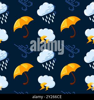 Seamless pattern with cloud, rain, lightning, yellow umbrella and wind symbols on a dark blue background. Perfect design for textile, wrapping paper Stock Vector