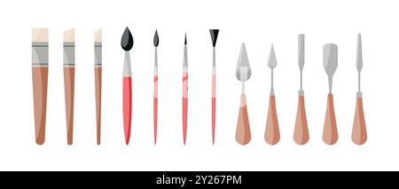 Set of various shaped paint brushes and palette knifes. Painting tools icons. Vector illustration Stock Vector