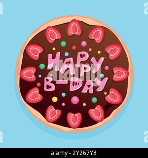 Birthday cake decorated with strawberries. Happy Birthday cake with chocolate glaze decorated with letters. Cartoon chocolate cake. Vector illustratio Stock Vector