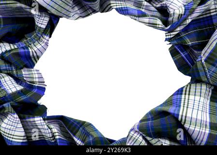 Hole in checkered fabric. Fabric frame on white background. Textile with empty space for inscription or logo Stock Photo