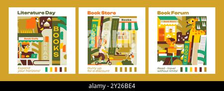 3 illustrations that are perfect for bookstores. They depict people reading, working or hurrying after books. Great for signage or advertising. Stock Vector