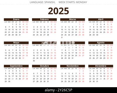 Spanish 2025 year calendar. Printable vector grey colors illustration ...