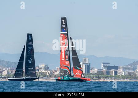 The final day of the first round-robin of the America's Cup, where eliminations are already taking place. In this case, the French boat Orient Express Racing Team, which has not been able to overcome the challenges. Última jornada de la primera round robin de la America's Cup, donde ya se producen eliminaciones. En este caso, el barco francés Orient Express Racing Team, que no ha sido capaz de superar las adversidades. in the pic:Emirates Team New Zealand, american magic News sports -Barcelona, Spain Monday, September, 9, 2024 (Photo by Eric Renom/LaPresse) Stock Photo