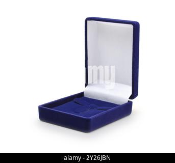 New blue opened velvet jewelry box isolated on white. Stock Photo
