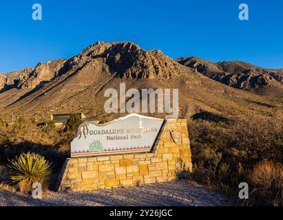 Visitor Center Sign and Mountains, Guadalupe Mountains National Park, Texas, USA Stock Photo