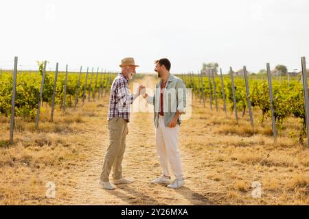 Two men share a meaningful discussion amidst rows of grapevines, enjoying the warmth of the late afternoon sun, symbolizing connection and tradition i Stock Photo