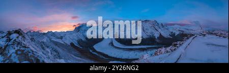 Gornergrat Zermatt Switzerland sunrise panorama nature landscape at Matterhorn and Monte Rosa peak Alps mountain range in winter season Stock Photo