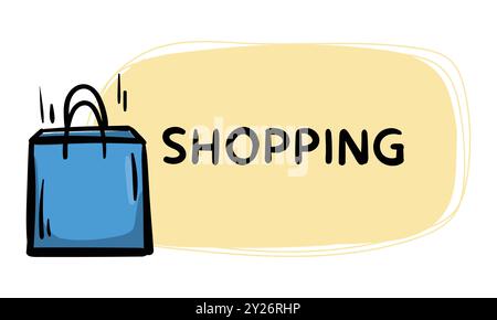 Simple hand drawn sticker with package and text shopping. Vector illustration for emblem, label, price tag, background Stock Vector