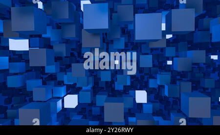 This abstract image features a dynamic arrangement of blue 3D cubes in various sizes, creating a captivating sense of depth and geometric design. The Stock Photo