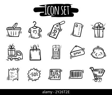 Simple vector set of black and white icons related to shopping, black friday, sales, stores, promotions and discounts Stock Vector