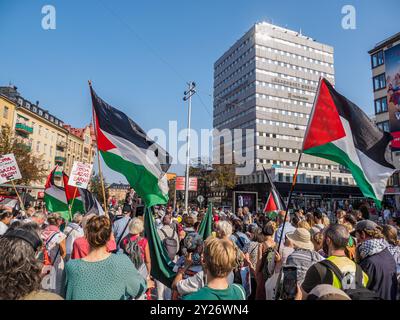 Stockholm, Sweden - September 7 2024: Protestors fill the square outside Odenplan subway station for an anti-Israel march, waving Palestinian flags an Stock Photo