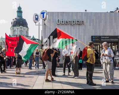 Stockholm, Sweden - September 7 2024: People gathered at Odenplan subway station for an anti-Israel protest. Two large Palestinian flags are prominent Stock Photo