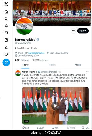 'X' - formerly Twitter - page (Sept 2024) of Narendra Modi, Prime Minister of India Stock Photo