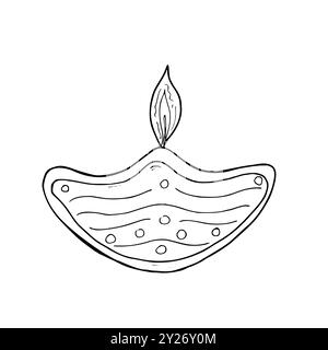 Stylized Diya with burning flame vector isolated illustration painted by black inks. Etching drawing of transparent abstract Diwali candle monochrome Stock Vector