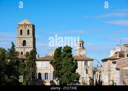 Skyline in central Arles, Provence, France, including the tower of St Trophime church, looking west Stock Photo