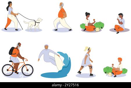 People of different ages performing leisure activities. Vector illustration graphic elements for storytelling and atmosphere. Stock Vector