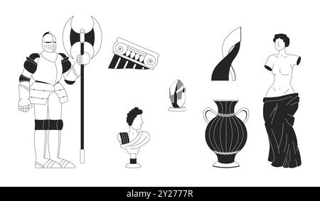 Ancient museum artifacts black and white 2D line cartoon objects set Stock Vector