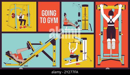 Sportswomen on gym equipment bento grid illustration set Stock Vector