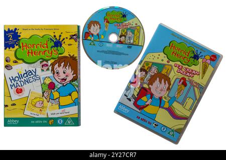 Horrid Henry's Holiday Madness Double DVD Pack DVDs isolated on white background based on the books by Francesca Simon - Horrid Henrys ice cream dream Stock Photo