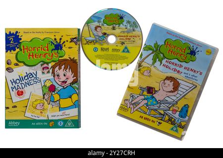 Horrid Henry's Holiday Madness Double DVD Pack DVDs isolated on white background based on the books by Francesca Simon Stock Photo