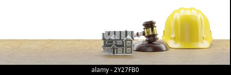 Model House, Gavel and Yellow Hard Hat Resting on a Wood Surface and White Background Banner. Stock Photo