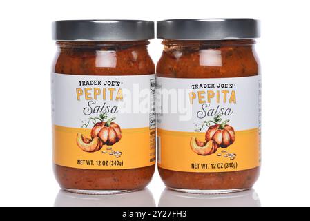 IRVINE, CALIFORNIA - 6 SEPT 2024: Two jars of Trader Joes Pepita Salsa. Stock Photo