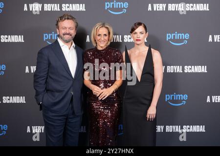 (left-right) Michael Sheen, Emily Maitlis and Ruth Wilson attending the UK special screening for Prime Video's A Very Royal Scandal, at Ham Yard Hotel, London. Picture date: Monday September 9, 2024. Stock Photo