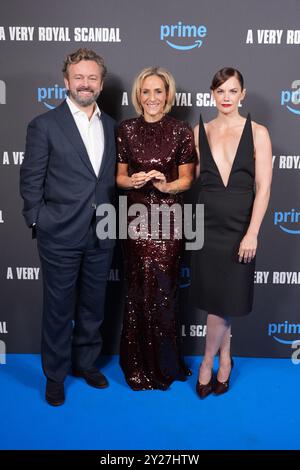 (left-right) Michael Sheen, Emily Maitlis and Ruth Wilson attending the UK special screening for Prime Video's A Very Royal Scandal, at Ham Yard Hotel, London. Picture date: Monday September 9, 2024. Stock Photo