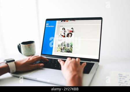 AI generative app. Chat with Artificial Intelligence software in computer at home office. Hands view of Future digital technology and copyright trend Stock Photo