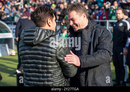 ARCHIVE PHOTO: Dieter HECKING will be 60 years old on September 12, 2024, coach Kenan KOCAK (left, H) and Dieter HECKING (HH) greet each other, greeting, greeting, greeting, half figure, half figure, gesture, gesture, football 2. Bundesliga, 22. matchday, Hanover 96 (H) - HSV Hamburg Hamburg Hamburg (HH) 1:1, on February 15, 2020 in Hamburg/ Germany. Stock Photo