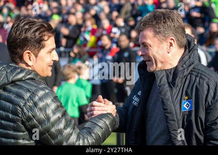 ARCHIVE PHOTO: Dieter HECKING will be 60 years old on September 12, 2024, coach Kenan KOCAK (left, H) and Dieter HECKING (HH) greet each other, greeting, greeting, greeting, half figure, half figure, gesture, gesture, football 2. Bundesliga, 22. matchday, Hanover 96 (H) - HSV Hamburg Hamburg Hamburg (HH) 1:1, on February 15, 2020 in Hamburg/ Germany. Stock Photo