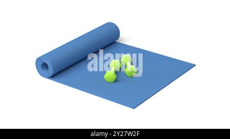 Blue yoga mat and green dumbbells isolated on white background. 3d illustration. Stock Photo