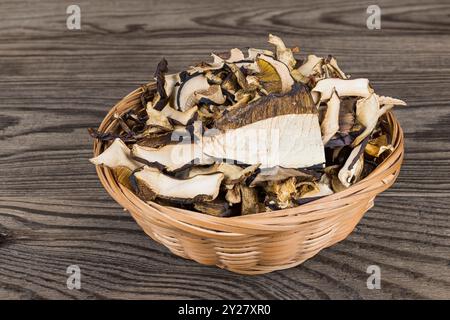 Closeup of dried boletes cut to slices in round wicker basket on brown wood background. Pile of dehydrated raw sliced edible mushrooms in natural dish. Stock Photo