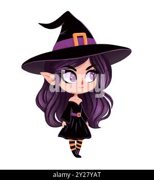 Cute witch in a hat on a white background, graphic illustration, anime style witch, halloween theme Stock Photo