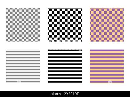 Set of stripes and chess checkerboard seamless patterns. Print for Fashion accessory clothing technical illustration. Vector Black, grey and purple orange lines flat sketch outline isolated Stock Vector