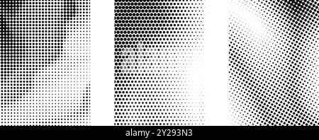 Different grunge halftone gradient set. Black grit sand noise texture collection. Retro dotted pixel backdrop pack. Comic polka dot overlay with raster effect for banner, poster, flyer. Vector Stock Vector