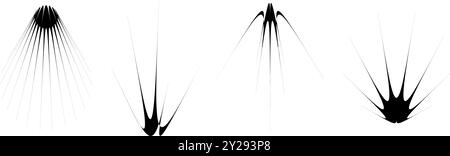 Black thin spiky thorn element set. Abstract sharp shapes and angular sparks bundle. Spooky spokes objects for poster design, flyer, collage, banner, badge, logo, card, icon, label, sticker. Vector Stock Vector