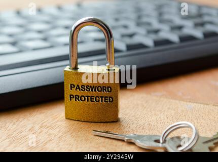 Password protected text engraved on padlock. Password security concept. Stock Photo