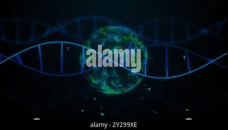 Image of scientific data processing over globe and dna strand on dark background Stock Photo