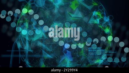 Image of scientific data processing over globe and dna strand on dark background Stock Photo