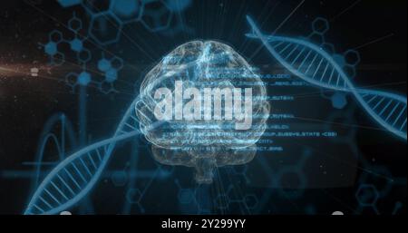 Image of scientific data processing over human brain and dna strands on dark background Stock Photo