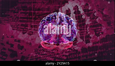 Image of scientific data processing over human brain and dna strands on dark background Stock Photo