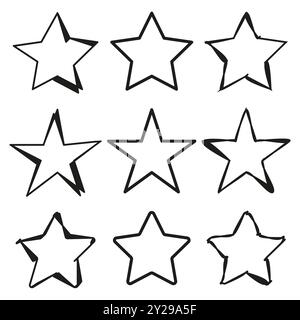 Hand drawn star icons. Rough sketched star symbols. Bold vector shapes. Irregular outlines. Stock Vector
