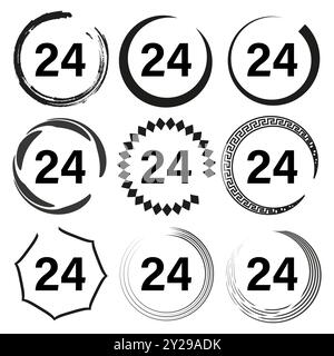 Number 24 icon set. Circular badge designs. Abstract frames with decorative borders. Minimalist vector symbols. Stock Vector