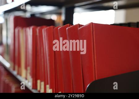 A close up image of a line of blank empty red text books on a library shelf. School library, research, education or reading concept. Traditional serie Stock Photo