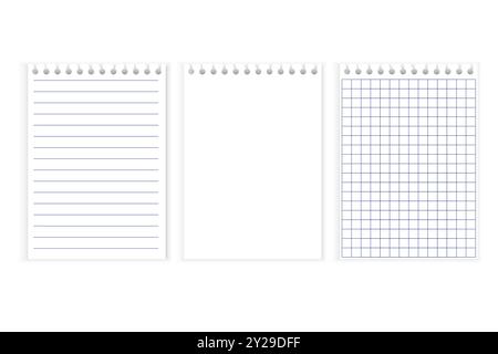 Lined notebook paper. Blank spiral page. Grid notepad sheet. Vector stationery set. Stock Vector